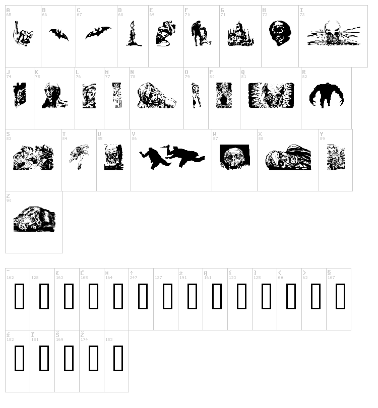 Horror Dingbats Eerie Edition font map